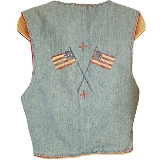 VTG Patricia Wolf Denim Vest Size M Red Gingham Hand Painted American Indian - Picture 2 of 10
